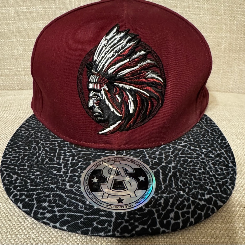 Sole Addiction Red and Black Snapback Hat with Indian Chief Emblem